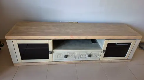 Wooden TV Entertainment Unit with Glass Doors — Light Oak Finish