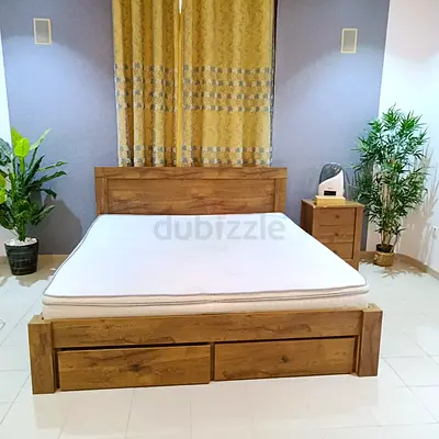 Solid Wood Queen Bed Frame with Storage Drawers and side stand , Natural Finish without mattresses