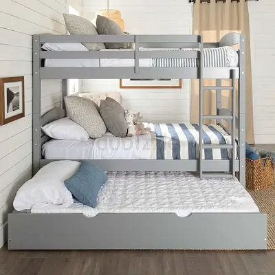 Grey Wooden Bunk Bed with Trundle and Ladder - Good Condition