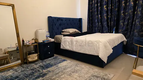 Blue velvet upholstered double bed with storage bedroom set