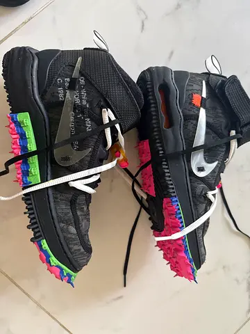 Used Off-White x Nike Black High-Top Sneakers, multicolor sole, size US 7