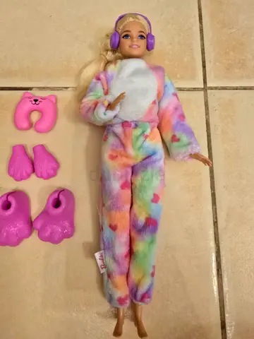 Barbie-style Doll in Rainbow Onesie with Pink Accessories