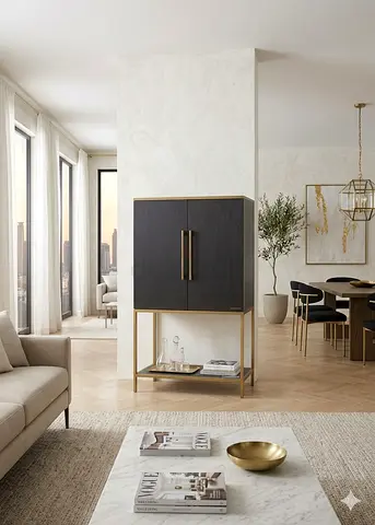 Crate and Barrel Modern Dark Wood Bar Cabinet with Brass Frame - Small Side Storage