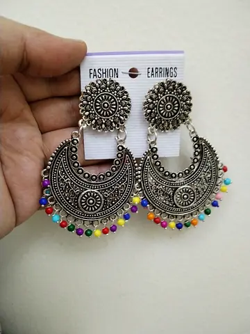 Silver-tone Ethnic Chandbali Earrings with Multicolor Beads