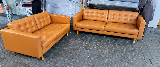 Genuine Leather 2-Piece Sofa Set — Mid-Century Modern, Tan