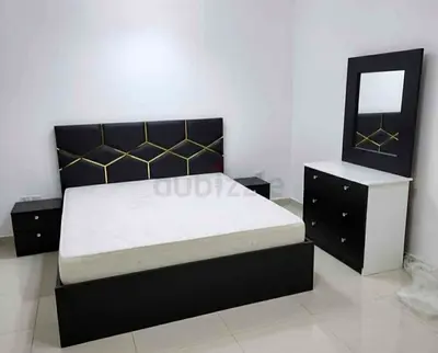 Modern Black and Gold Bedroom Set with Mattress and Dresser