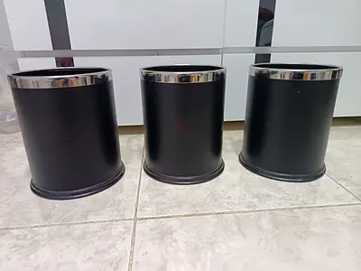 Set of 3 Sleek Black Office Waste Bins with Chrome Trim (Quick Sell)