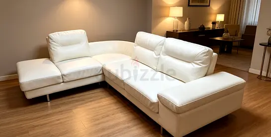 White Leather Corner Sofa - 3-Seater L-Shaped, Good Condition