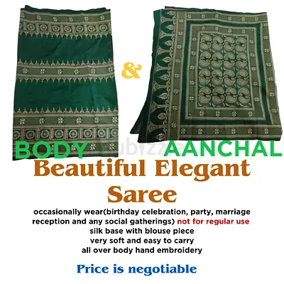 Green silk saree with hand embroidery body and aanchal - gently used