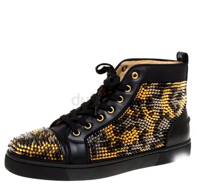 Authentic Christian Louboutin Black Leather Louis Spike High Top Sneakers Size 40.5