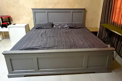Solid Wooden Queen Bed with Headboard and Footboard - Grey