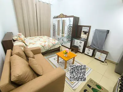 Furnished studio apartment for monthly rent in Al Jurf 2, Al Yasmin Towers, opposite City Centre Ajman
