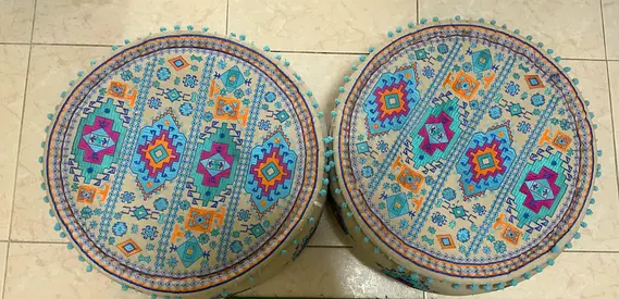 Pair of round bohemian floor poufs / ottomans - colorful, good condition