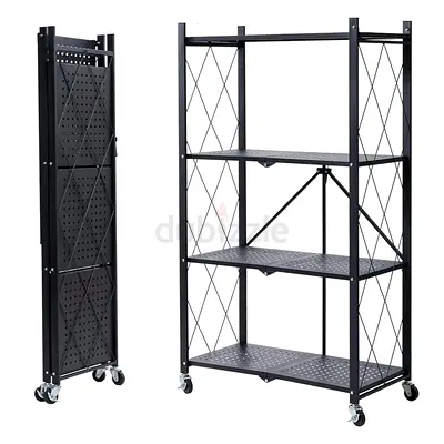 Foldable 3-Tier Metal Storage Shelf on Wheels - Black