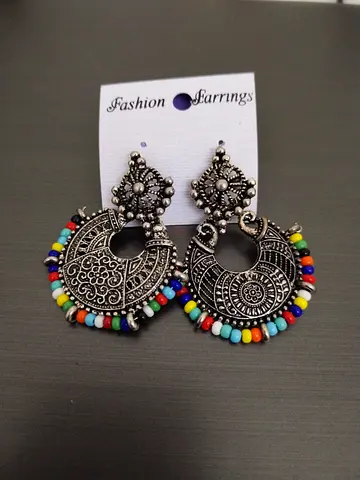 Silver-tone Bohemian Hoop Earrings with Colorful Beads