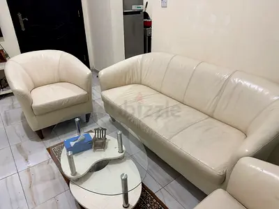 Cream Leather 5-Seater Sofa with Matching Armchair - Good Condition