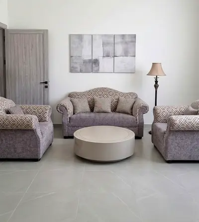 3-Piece Grey Fabric Sofa Set with Cushions 2 Single + 1 Double Very Clean طقم كنب 4 مقاعد ممتاز نظيف