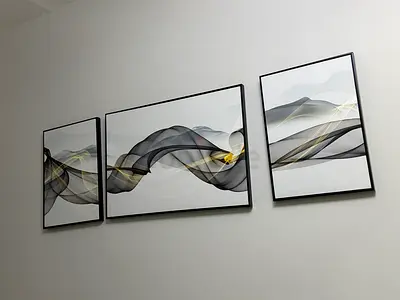 Set of 3 Modern Abstract Wall Art Prints — Black  Gold Waves