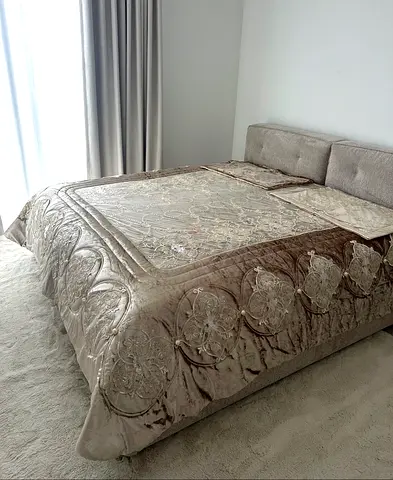 King Size Embroidered Velvet Bedspread with Pillow Shams - Light Taupe