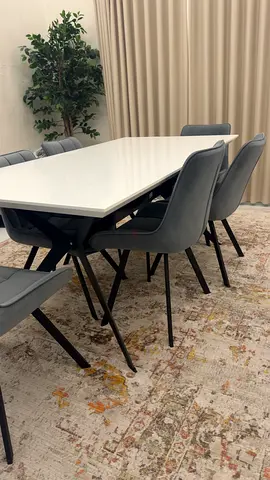 White-Effect Dining Table with 6 Grey Velvet Chairs