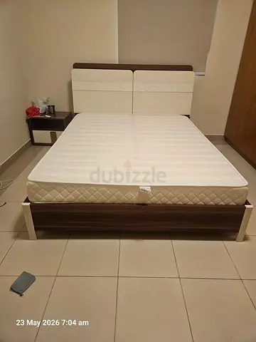 Double Bed Frame with Mattress  2 pillows  and 2 bed side boxes - Wood  Cream Headboard