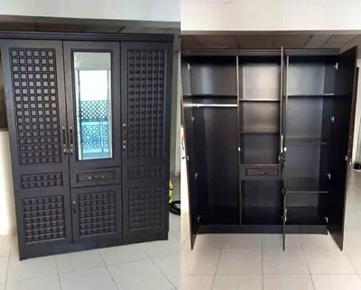 Spacious Dark Wood 3 Door Wardrobe with Mirror and Textured Panels