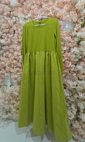 Long olive green womens maxi dress with knit bodice