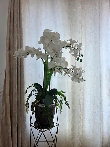 Large White Artificial Orchid Arrangement in Decorative Pot on Metal Stand