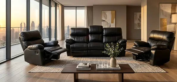Black Leather 3-Seater Recliner Sofa with 2 Recliner Chairs - Good Condition