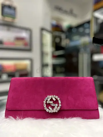 Gucci Pink Suede Broadway Crystal GG Clutch Bag (Authentic/PreOwned)