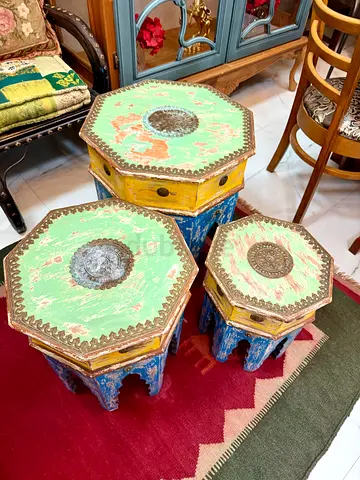 Set of 3 Hand-Painted Octagonal Wooden Side Tables / Stools - Distressed Vintage Look
