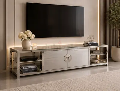 Timothy Oulton Modern chrome Entertainment Center with Glass Shelves from Marina Home