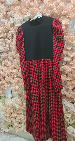 Long red and black houndstooth modest dress with puff sleeves
