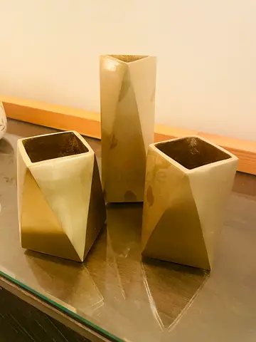 Set of 3 Geometric Decorative Vases / Planters (Beige/Olive)