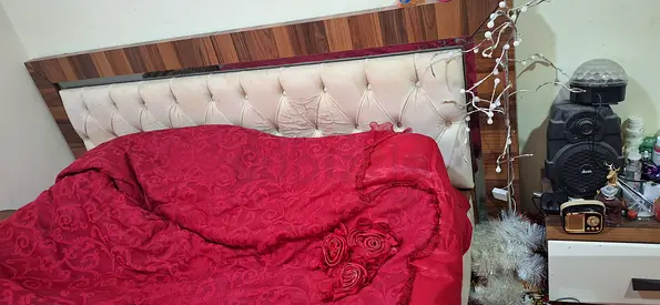 Queen size bed with upholstered headboard and mattress (used)