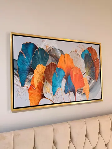 Framed Abstract Floral Wall Art in Blue  Orange - Large