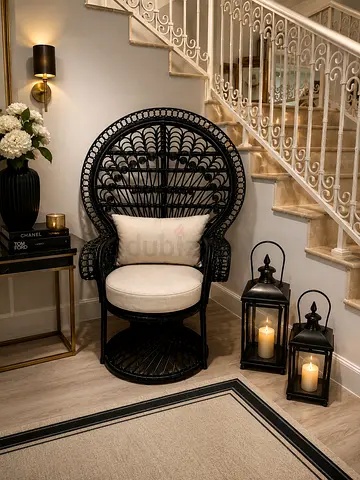 Black Rattan Peacock Chair with White Cushions from Bloomingdales