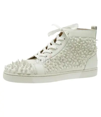 Authentic Christian Louboutin White Leather Louis Spikes Lace Up High Top Sneakers Size 43.5