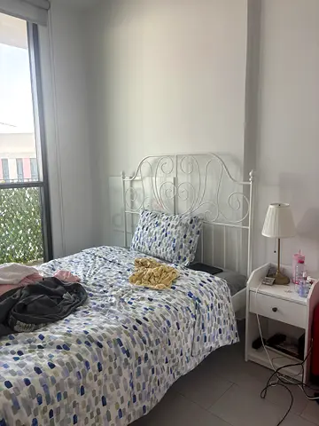 White Metal Single Bed with Mattress and Bedside Table - Good Condition