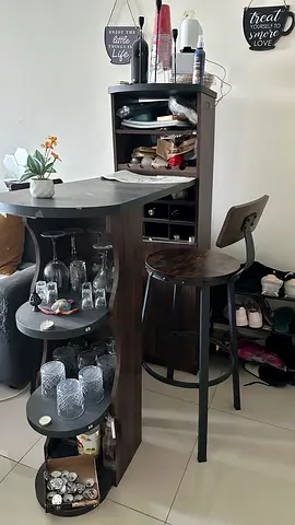 Compact wooden home bar with storage and stool - dark finish