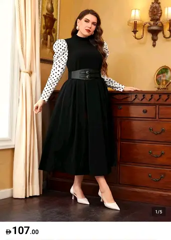 Black Midi Dress with Polka Dot Sleeves and Waist Belt