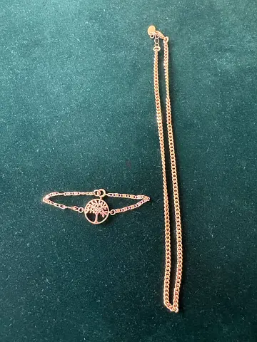 Rose gold colour chain necklace with matching tree of life bracelet - gently used NOT REAL GOLD