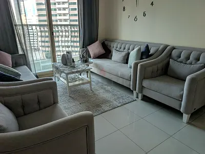Light grey 4-piece sofa set with centre table and dining table- excellent condition