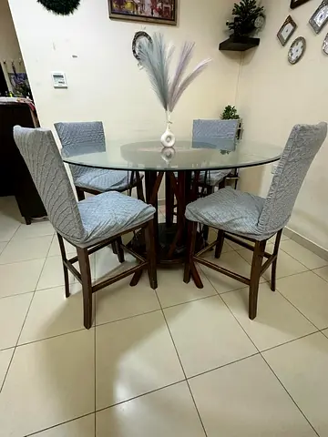 Glass Top Round Dining Table with 4 Upholstered Chairs - Good Condition