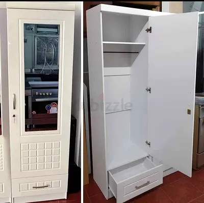 White single door wardrobe with mirror and drawer