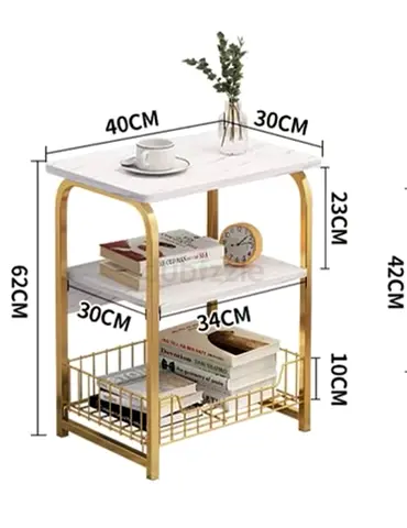 Compact 3-Tier Marble Top Side Table / Nightstand with Gold Frame