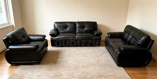 Black Leather 3-Piece Sofa Set – Good Condition