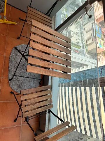 Wooden Slatted Balcony Table and Two Folding Chairs - Used