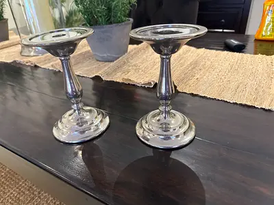 Pair of Silver Candle Holders — Metal Decorative Candlesticks