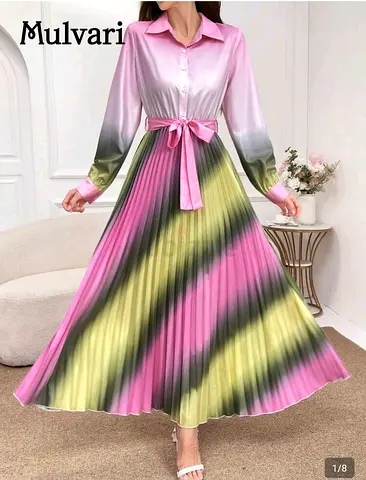 Pleated Long-Sleeve Satin Maxi Dress with Belt - Pink/Green Gradient